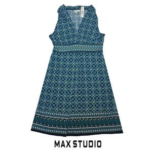 Max Studio Sleeveless Sun Dress, Navy, Greens White & Black Geo Print, Sz S, NWT